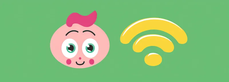 Счастливый мультяшный малыш с символом Wi-Fi на голове и розовым лицом улыбается