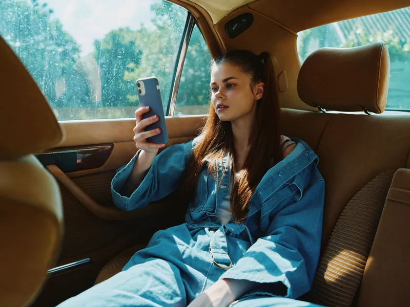 Young woman in denim outfit sitting in a car, looking at her smartphone with a calm expression against a blurred green backdrop.