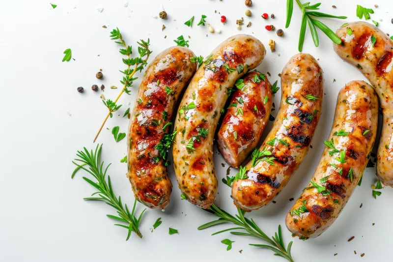 Сочные жареные сосиски, посыпанные травами и специями, разложенные на белой поверхности, создающие аппетитный и привлекательный вид