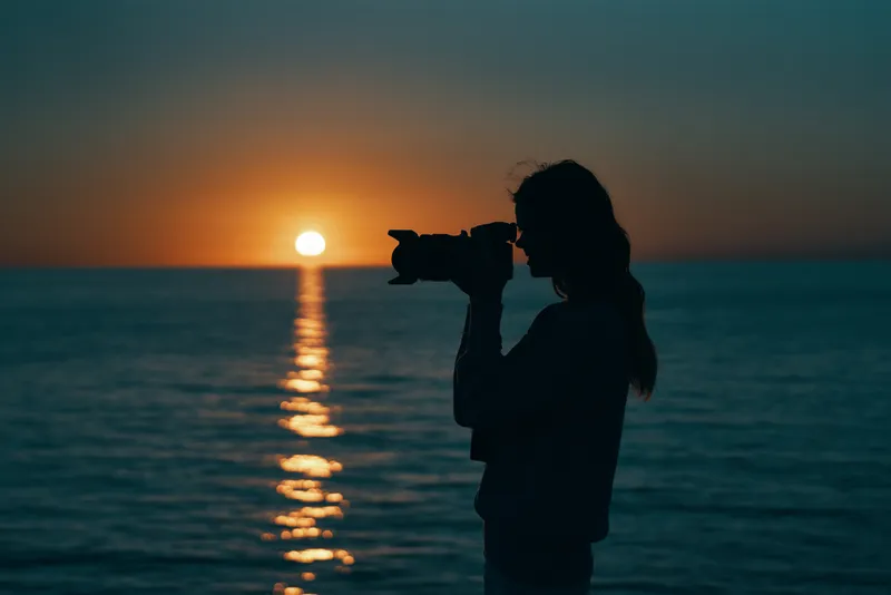Женщина-фотограф с камерой на закате у моря, на пляже