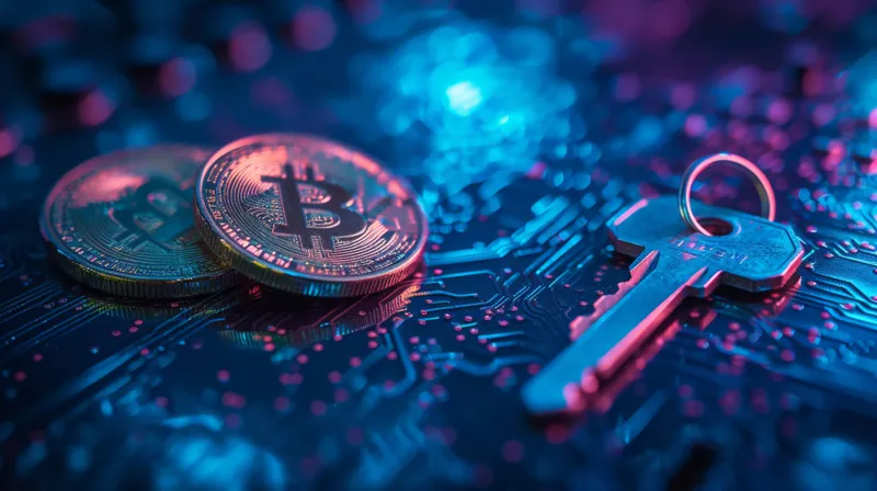 На столе разложены ключи и монеты биткоина, причём ключ находится в центре композиции