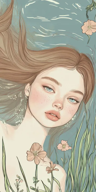 Мирная иллюстрация молодой женщины, чьи волосы ниспадают в воду, на фоне цветочного узора, воплощающая гармонию и связь с природой
