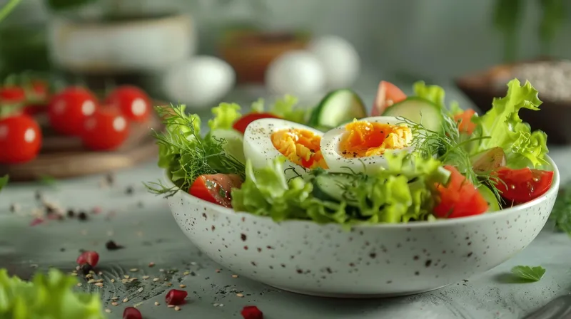 Свежая и красочная миска салата с яйцами, помидорами, огурцами и разнообразными овощами на деревянном столе в деревенском стиле