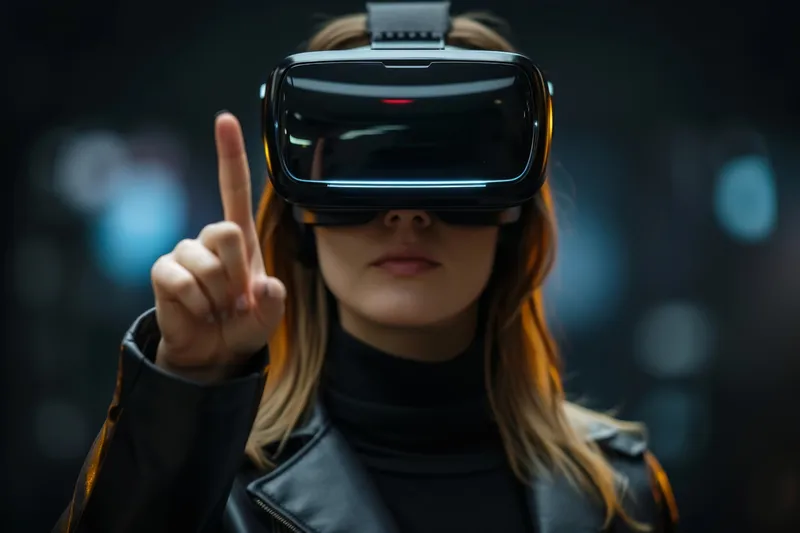 Женщина в черной кожаной куртке в очках VR указывает на объект в симуляции виртуальной реальности