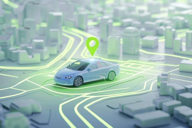Автомобильная навигация в городской среде с маркером GPS на карте для концепции планирования путешествий и бизнеса