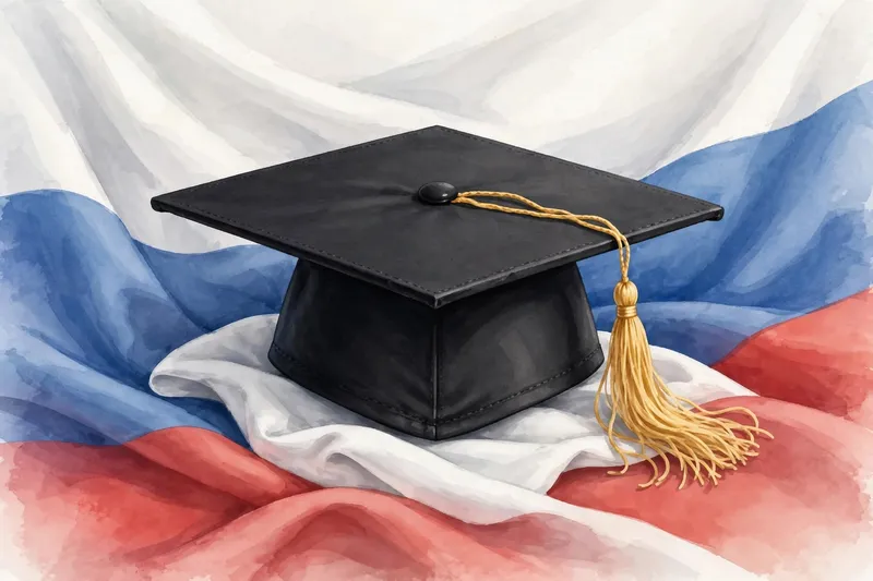 Иллюстрация: чёрная выпускная шапочка с золотой кисточкой на фоне российского флага