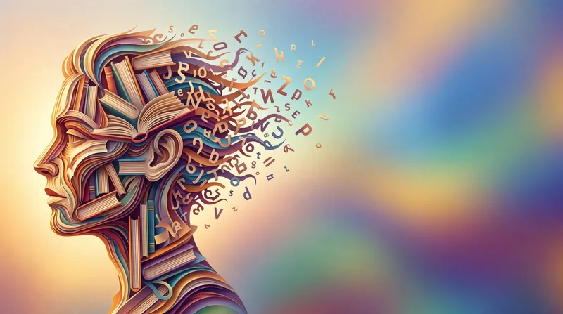 Сложенные стопкой книги образуют мыслящий профиль, который растворяется в абстрактных формах, передавая идеи интеллекта, литературы и будущего обучения