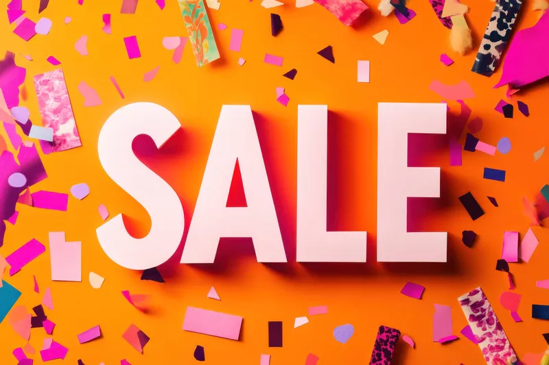 Броская типографика SALE жирными белыми буквами, украшенная игривой смесью разноцветного конфетти на оранжевом фоне, идеально подходит для рекламы, маркетинговых кампаний и сезонных акций