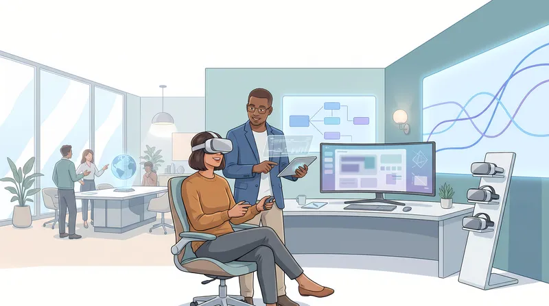 Корпоративная иллюстрация: люди в VR-шлемах в светлой демонстрационной комнате офиса с устройствами и деталями совместной работы