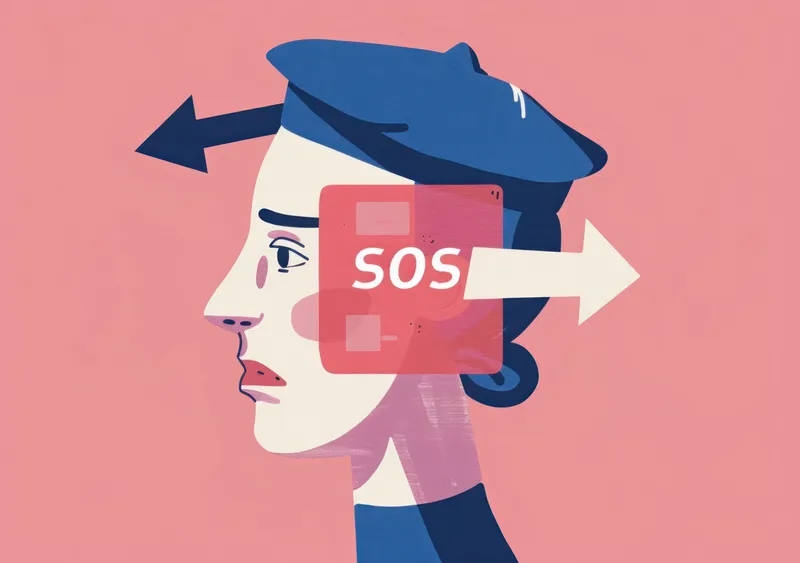Отчаянный призыв SOS о помощи: иллюстрация женщины со стрелкой, указывающей на слово на лбу