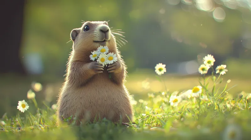 Радостный сурок с ромашками на солнечном лугу передает суть весны и красоты природы, создавая безмятежную и воодушевляющую сцену для любителей дикой природы