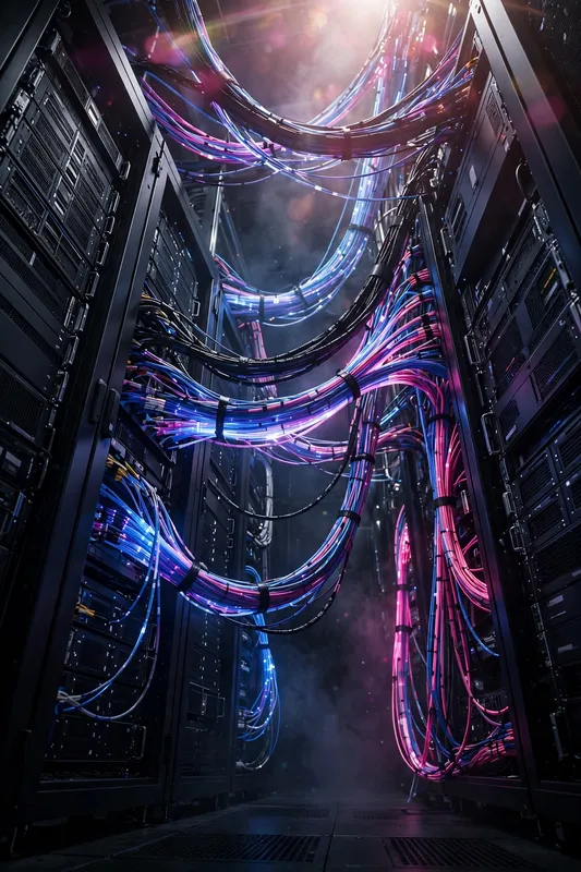 3D-рендер серверной с неоновыми кабелями в дымке