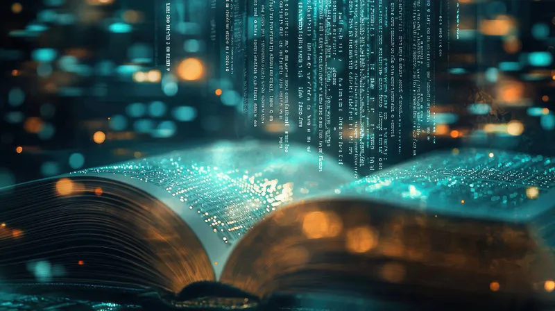 Открытая книга со светящимся двоичным кодом и искрящимися огнями передает слияние знаний и технологий, идеально подходит для образовательных, технологических и современных концепций