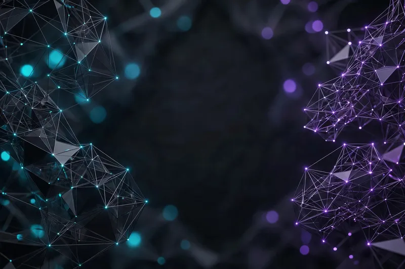 3D-рендер сети из светящихся точек и линий на тёмном фоне