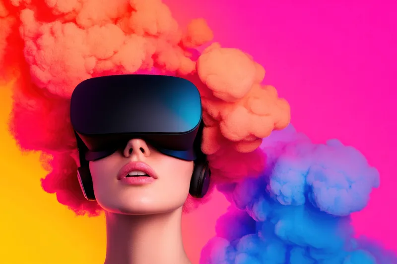 Молодая женщина в VR-гарнитуре окружена яркими, красочными облаками, что символизирует инновационные технологии, креативность и современный образ жизни