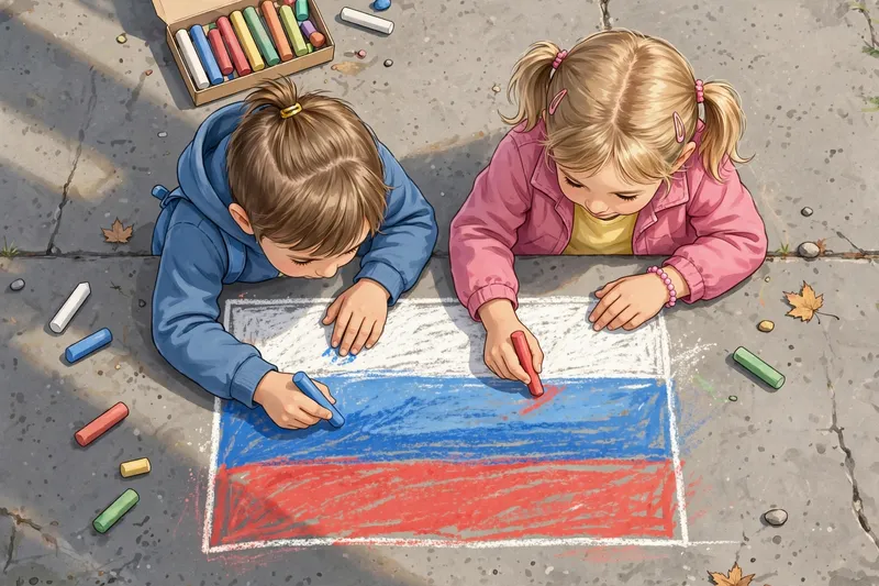 Иллюстрация: двое детей рисуют мелками флаг России на асфальте