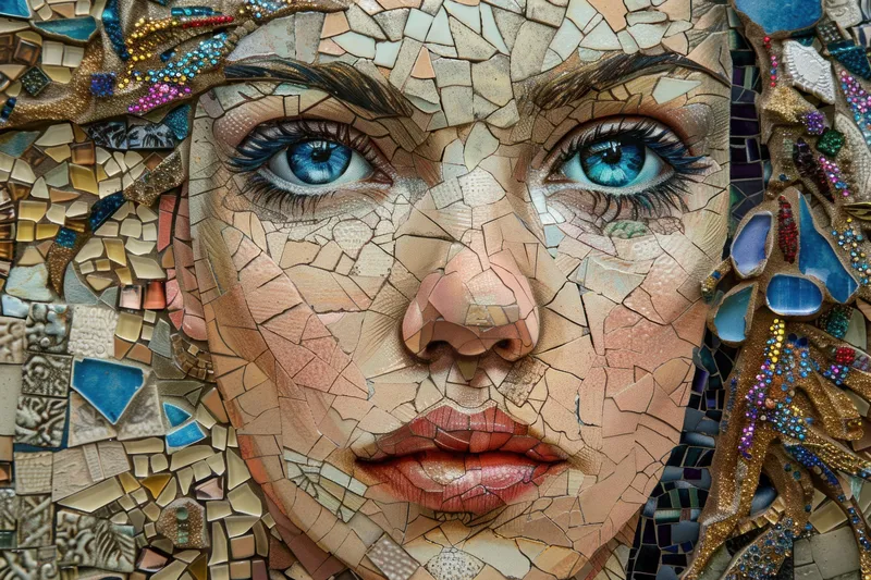 Крупный план мозаичного произведения искусства, изображающего лицо женщины, демонстрирующий голубые глаза и сочетание текстур и цветов
