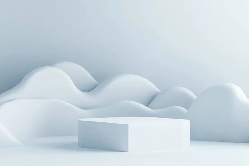 Минималистичный 3D-пейзаж с мягкими белыми волнами и пьедесталом, идеально подходящий для демонстрации продуктов в чистой, современной эстетике
