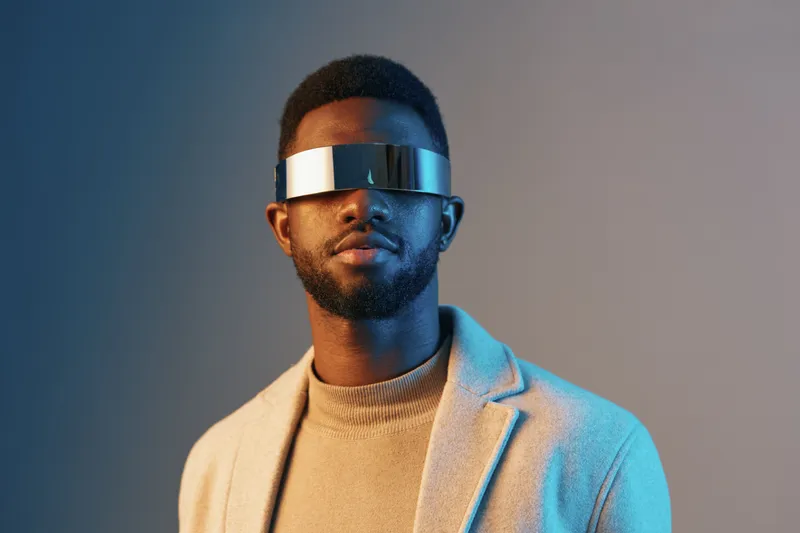 Young Black man wearing futuristic sunglasses, exuding confidence, against a gradient blue and orange background, perfect for technology and fashion themes