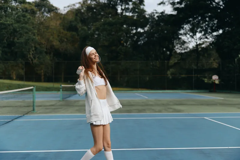 Enjoying a joyful moment on the tennis court, a young athletic woman in stylish sportswear radiates happiness and energy during an outdoor game