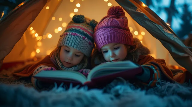 Двое детей в тёплой одежде наслаждаются зимним вечером, читая книгу перед палаткой