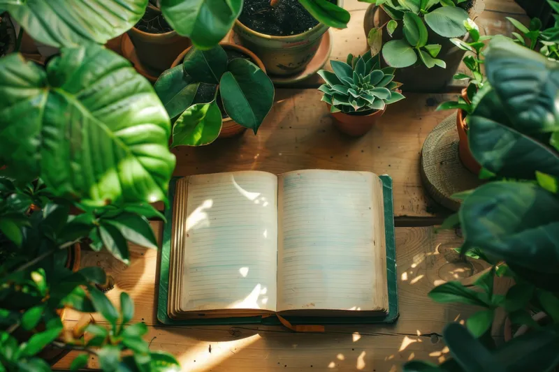Открытая книга на деревянном столе, окруженная растениями в горшках и зеленью в уютной домашней обстановке
