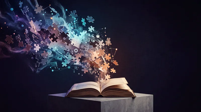 Из открытой книги вырывается красочное облако из фрагментов пазла и идейных узлов, иллюстрируя превращение знаний в понимание