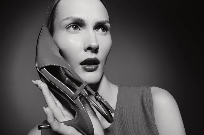 Close-up of a pale skinned Caucasian woman holding a high heel shoe near her face with a surprised expression. Monochrome studio portrait with dramatic lighting and elegant mood.