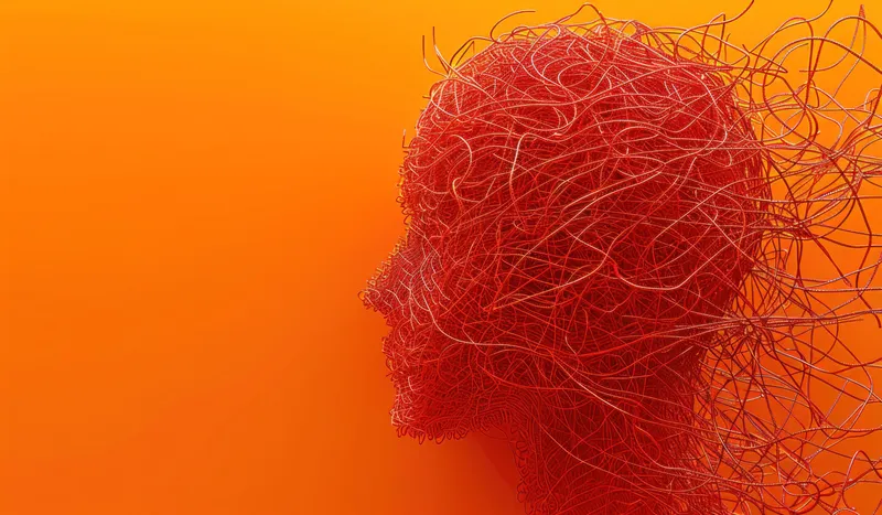 Скульптура женской головы со словами "mind" и "mindfulness" на оранжевом фоне