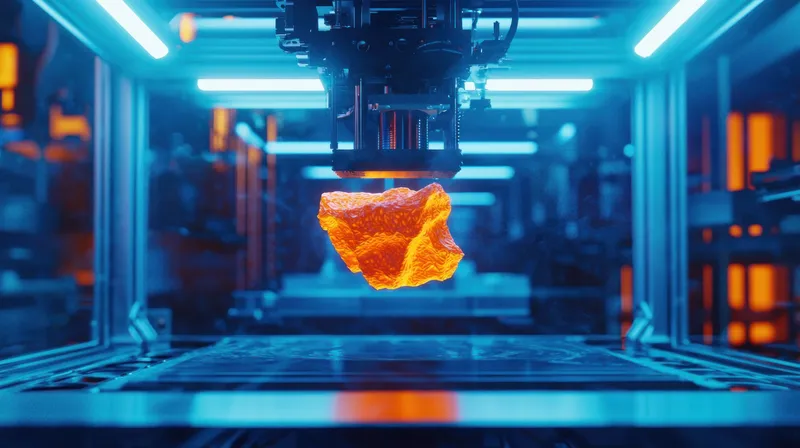 Впечатляющее изображение передовой технологии 3D-печати: оранжевый объект, парящий в воздухе в освещенной промышленной мастерской, символизирующий современные инновации и творчество