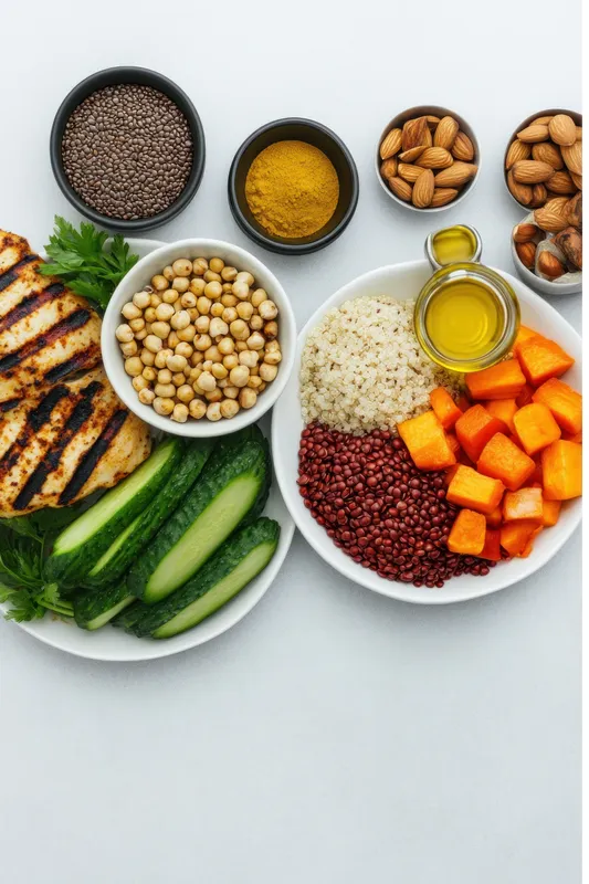 Студийная flatlay-композиция с разнообразием зерновых, бобовых, зелени и орехов; яркое, привлекательное настроение, идеально подходящее для здорового питания, планирования еды, веганской кухни и…