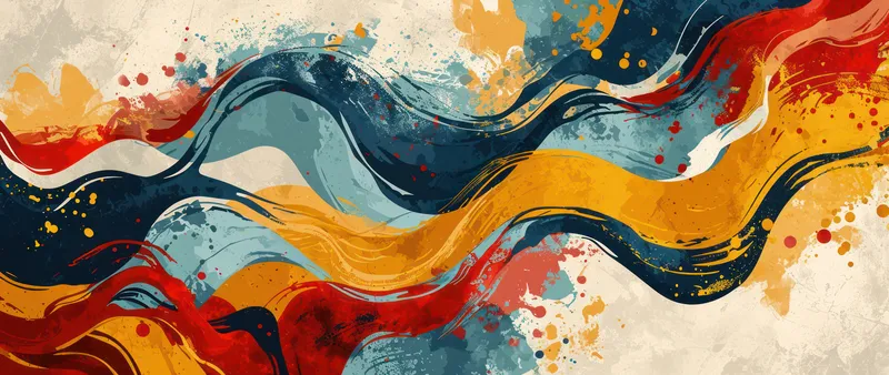 Абстрактное искусство: яркий синий всплеск на фактурных обоях, современная акварельная иллюстрация с креативными мазками красной и желтой кисти