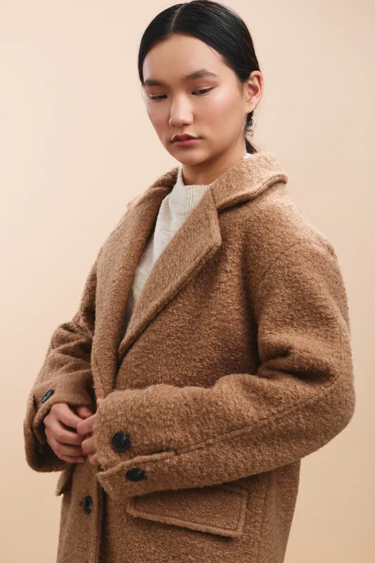 asian woman wearing a brown wool overcoat stands against a neutral backdrop, presenting a poised, thoughtful mood and contemporary fashion with refined elegance.
