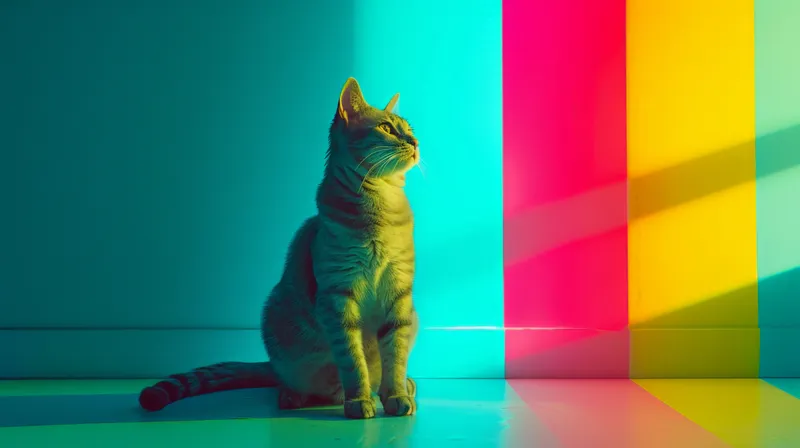 Кошка сидит перед стеной радужного цвета, за которой виден яркий свет, создавая волшебную и красочную сцену