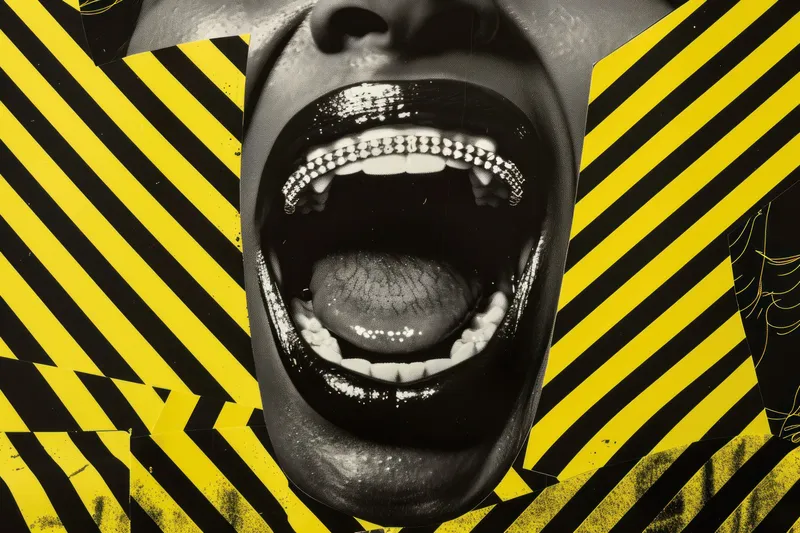 Женщина с открытым ртом на фоне полосатого фона, портрет красоты и моды с яркими линиями