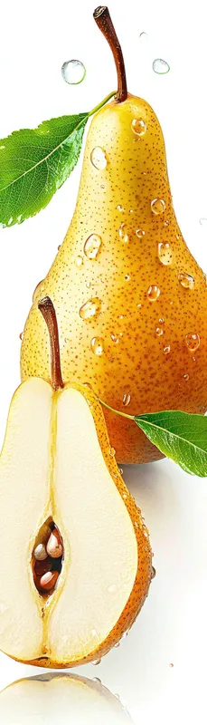 Ярко-желтые груши, разрезанные, чтобы показать сочную мякоть, символизируют свежесть и здоровье