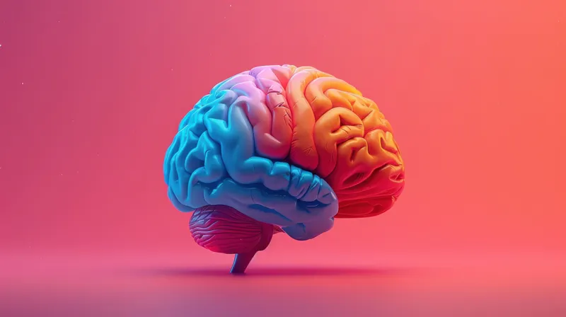 Яркая трехмерная иллюстрация человеческого мозга со словом «brain» на розово-голубом фоне