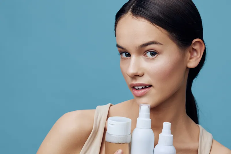 Young woman holding skincare products against a blue background, showcasing a healthy beauty concept with confidence