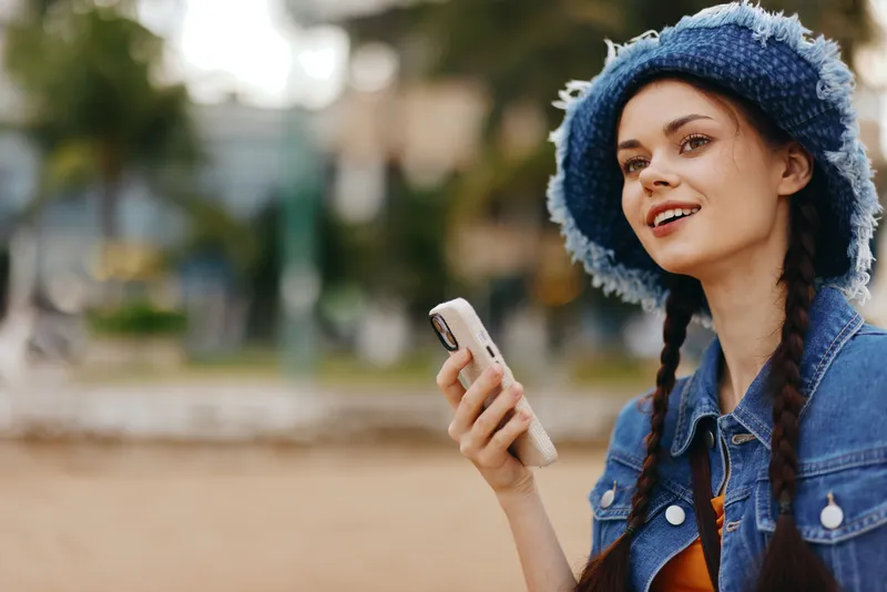 Счастливая молодая женщина держит смартфон, улыбается и переписывается в осеннем городском парке