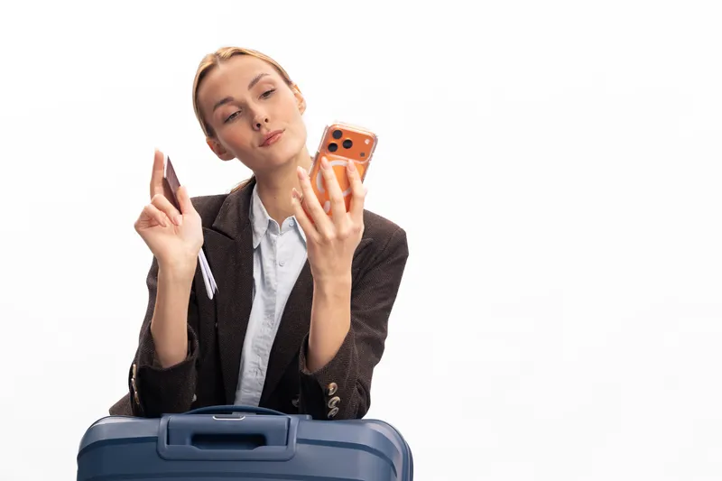 Young woman with suitcase checks phone and holds passport and boarding pass. Travel concept with preparation for trip, transportation, and vacation planning on white background.