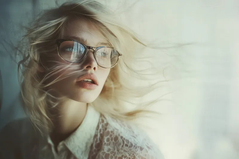Безмятежная молодая женщина со спутанными светлыми волосами и в очках, излучающая спокойствие и погруженная в размышления на мягко размытом фоне