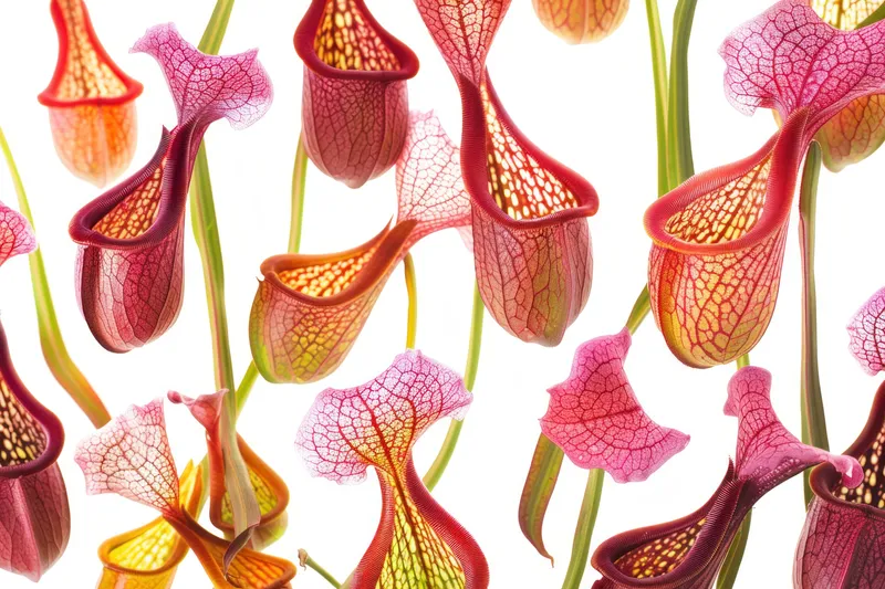 Красивый крупный план яркого и экзотического кувшиночника Sarracenia с замысловатыми прожилками и цветами