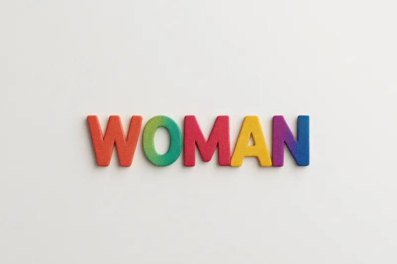 Художественная композиция из красочных букв, составляющих слово WOMAN, символизирующая расширение прав и возможностей и разнообразие, на нейтральном фоне, передающая яркое позитивное послание