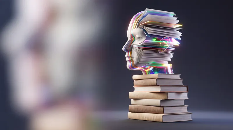 Стопка книг переходит в лицо, похожее на бумагу, создавая яркий символ интеллекта, чтения и знаний в чистом макете 16:9
