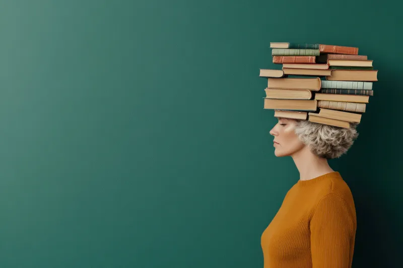 Задумчивая женщина в горчичном свитере балансирует стопку книг на голове на фоне насыщенного зеленого цвета, что символизирует тяжесть знаний и интеллекта