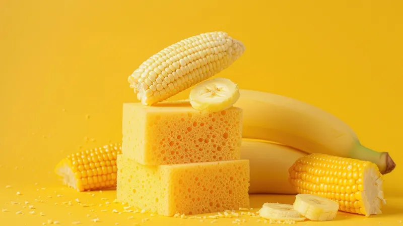 Яркая демонстрация желтых губок, свежей кукурузы и бананов на солнечном желтом фоне, излучающая веселую и радостную атмосферу