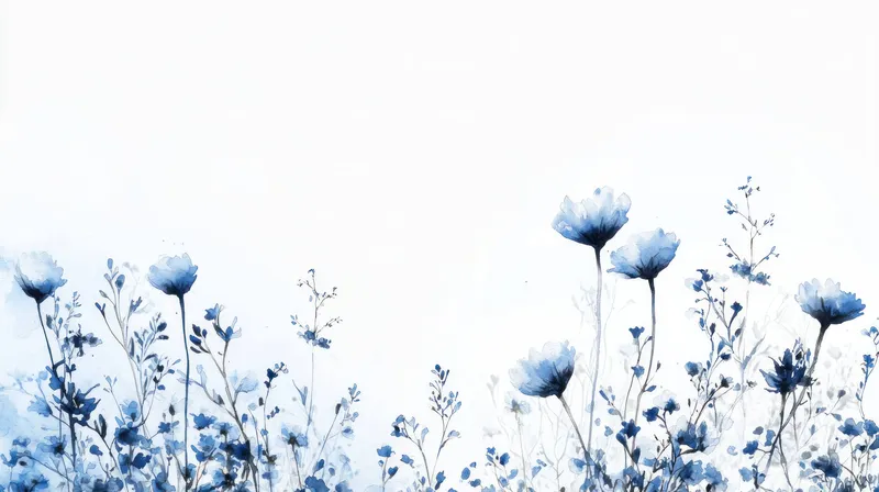 Эта безмятежная иллюстрация изображает нежные голубые цветы на мягком белом фоне, воплощая спокойствие и свежесть, подходящие для весенних тем или тем свежести