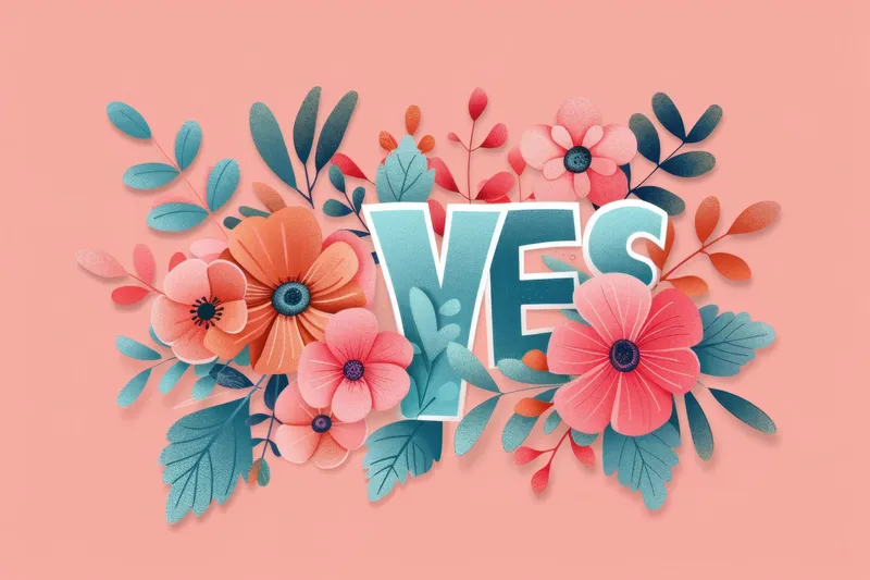 Яркая иллюстрация цветов и листьев, окружающих слово YES, написанное жирными буквами, на пастельно-розовом фоне