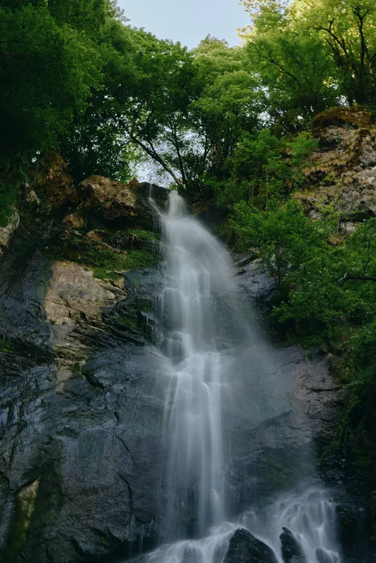 Majestic waterfall cascading down rocky cliffs surrounded by lush green forest, creating a serene and refreshing natural landscape in bright daylight.