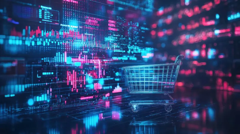 Футуристическая тележка для покупок выделяется на фоне светящихся потоков данных и цифровых графиков